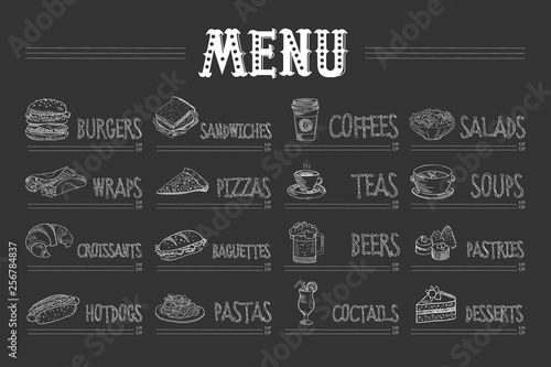 Cafe menu with food and drinks on chalkboard. Sketch of burger, wrap, croissant, hot dog, sandwich, pizza, pasta, coffee, tea, beer, cocktail, salad, soup, pastry, dessert. Hand drawn vector design