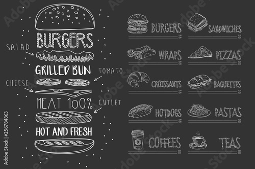 Cafe menu on black chalkboard. Burger with ingredients and text. Sketch of dessert, wrap, croissant, hot dog, coffee, sandwich, pizza, baguette, pasta, tea. Hand drawn vector design