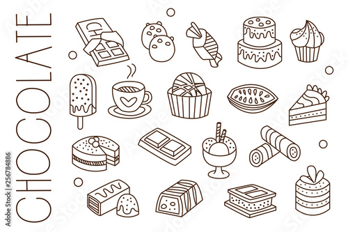 Set with chocolate, sweets, ice-cream, hot cocoa, cakes and cupcakes in sketch style. Graphic elements for cafeteria menu or confectionery store. Hand drawn vector icons