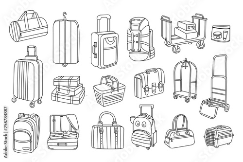 Hand drawn illustration of bags and baggage carts. Suitcases on wheels, pet container, picnic basket, backpack, briefcase, handbag. Set of vector sketches