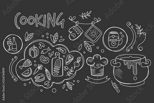Hand drawn vector design of cooking ingredients and kitchen utensils for preparation dishes. Food and drink. Culinary theme. Decorative elements for recipe book. Trendy sketch style