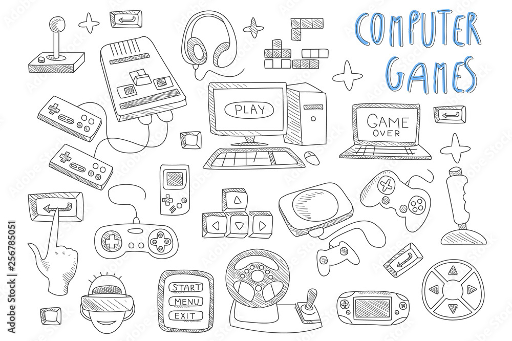 Set of doodle vector icons related to computer games. Joysticks