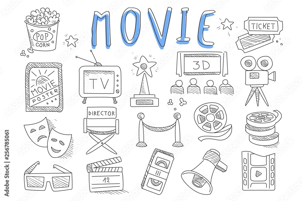 Vector set of doodle icons related to cinema. Movie production objects. Videocassette, director s chair, retro television, sad and happy mask, 3D glasses, popcorn Vector set of doodle icons related to cinema. Movie production objects. Videocassette, director s chair, retro television, sad and happy mask, 3D glasses, popcorn