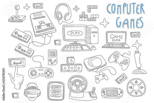 Set of doodle vector icons related to computer games. Joysticks, gaming controllers, computer and laptop. Gamer in virtual reality glasses. Electronic devices