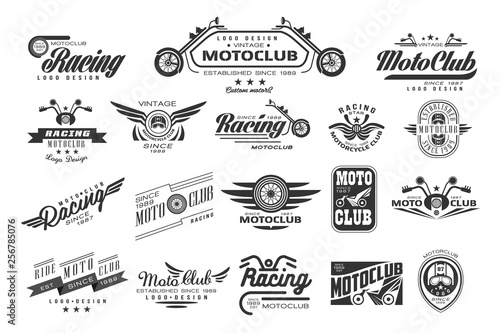 Vector set of original bikers emblems. Vintage logo design. Monochrome labels for motor club. Typography elements for badge, t-shirt print, poster