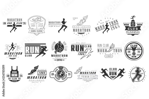Vector set of monochrome logos for marathon or run club. Emblems with silhouettes of people and sports shoes. Running races. Design for t-shirt print, poster