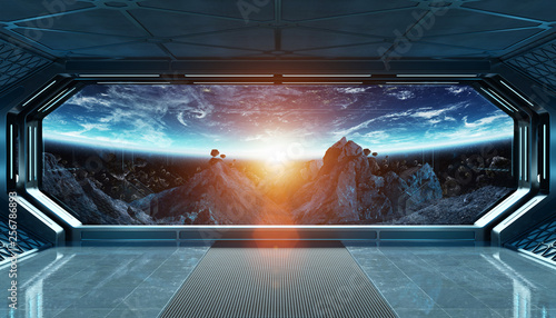 Fototapeta Naklejka Na Ścianę i Meble -  Dark blue spaceship futuristic interior with window view on space and planets 3d rendering