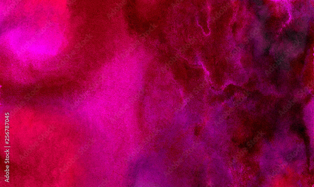 Neon dark grungy abstract paper textured aquarelle canvas for modern creative design. Bright light pink ink watercolor on black background. Cosmic magenta paper texture water color paint illustration