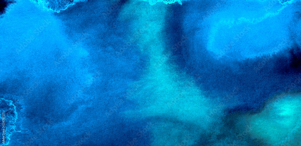 Light blue neon watercolor on deep dark background. Paper textured ink canvas for modern creative design. Aquarelle lightning night sky and thunder storm, smoke texture water color paint illustration Light blue neon watercolor on deep dark background. Paper textured ink canvas for modern creative design. Aquarelle lightning night sky and thunder storm, smoke texture water color paint illustration