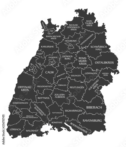 Modern Map - Baden Wuerttemberg map of Germany with counties and labels black