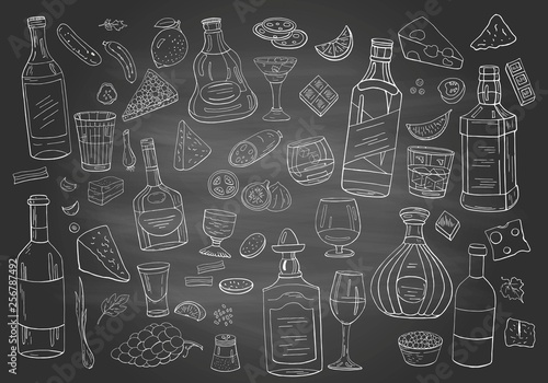 Vintage alcohol and drinks on chalboard. Different alcohol collection