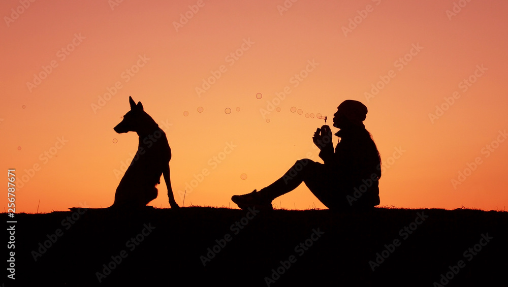 Silhouettes girl and dog at sunset, girl blows bubbles, incredible sunset, Belgian Shepherd Malinois