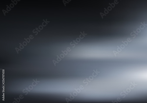 3D Black room with low light and shadow on dark background. Night illumination on wall and floor texture. Motion blurred background.