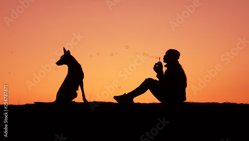 Silhouettes girl and dog at sunset  girl blows bubbles  incredible sunset  Belgian Shepherd Malinois