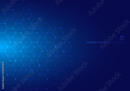 Abstract hexagons with nodes digital geometric with lines and dots on blue background. Technology connection concept