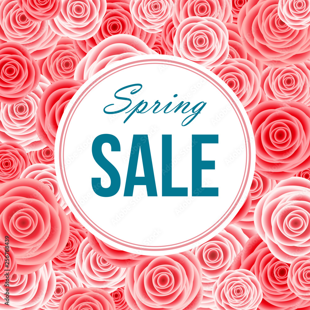 Spring  season  sale banner with  living coral flowers.