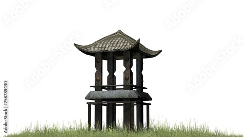 Asian pagoda tower in green grass - isolated on white background