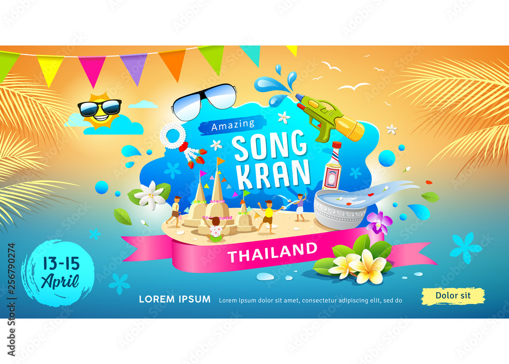 Ταπετσαρία Amazing Songkran festival in thailand this summer colorful banners design backgr