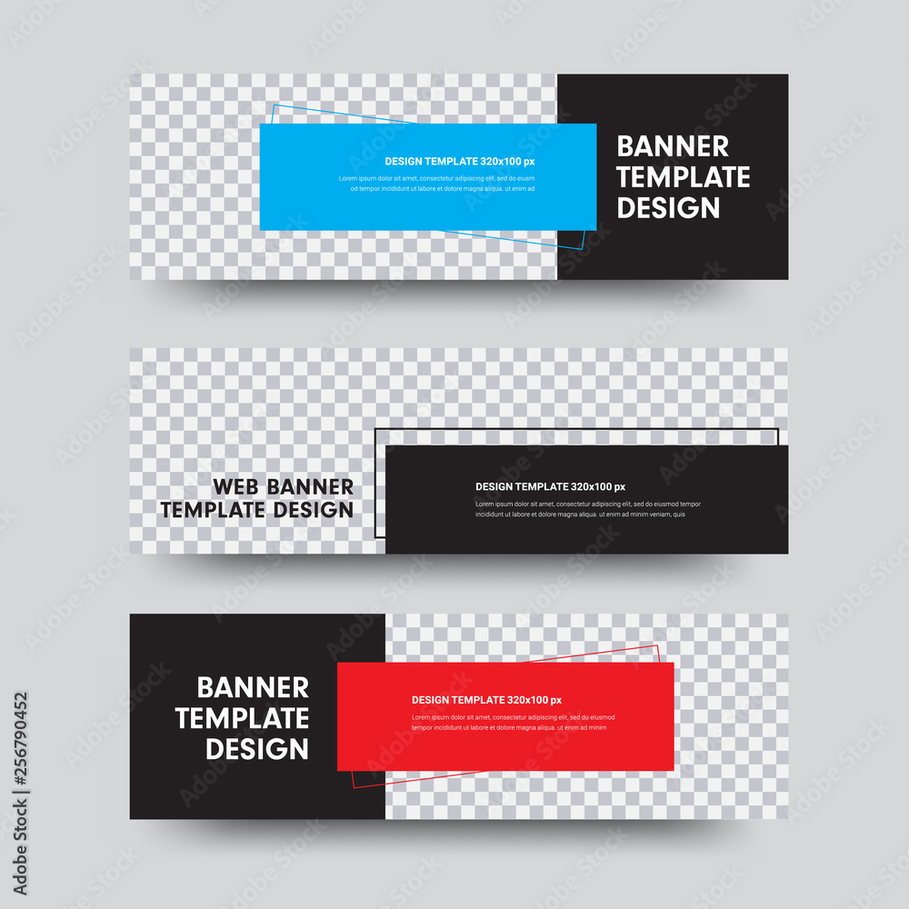 Set of black vector web banners with place for photo and color rectangles for text. Set of black vector web banners with place for photo and color rectangles for text.
