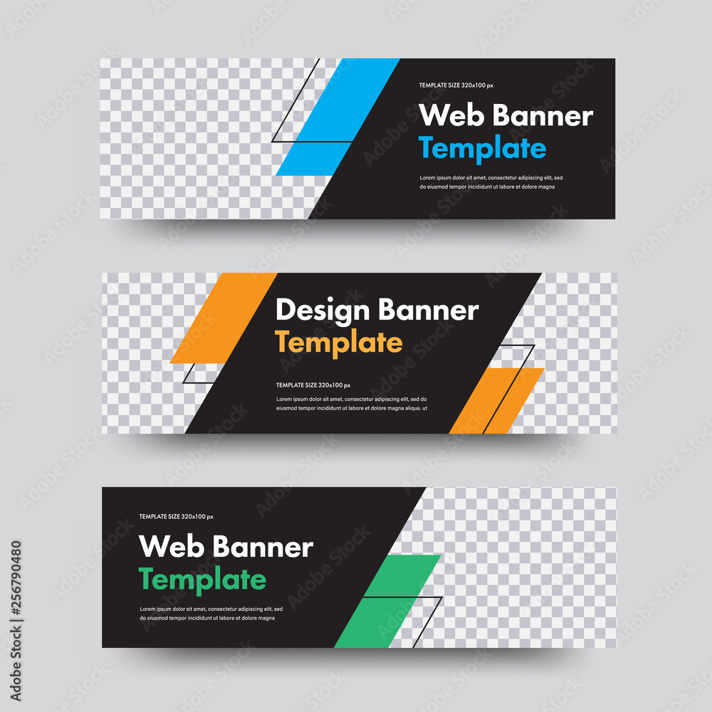 Naklejka premium Vector black banner templates with place for photo and diagonal design elements.