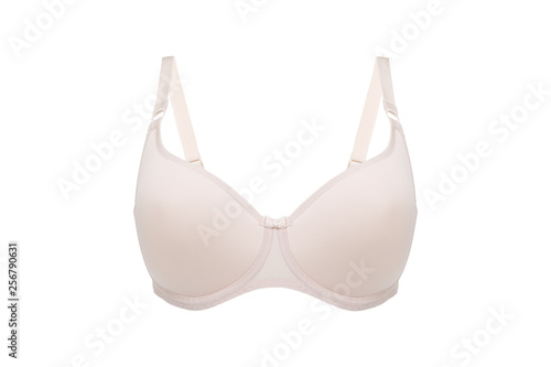 Beautiful beige bra isolated on white background