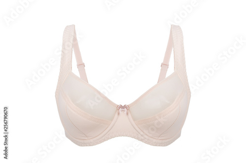 Beautiful beige bra isolated on white background