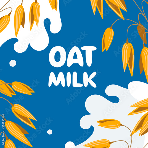 Realistic oat bunch, yellow sereals for backery, flour production design. Vector wheat ears spikelets with grains in milk splash. Whole stalks, organic vegetarian food packaging element illustration.