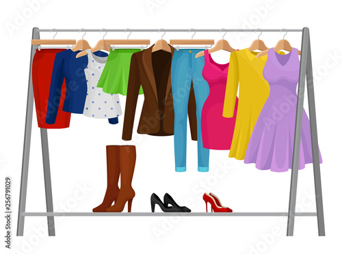 Cartoon colorful clothes on hangers. Fashion concept.