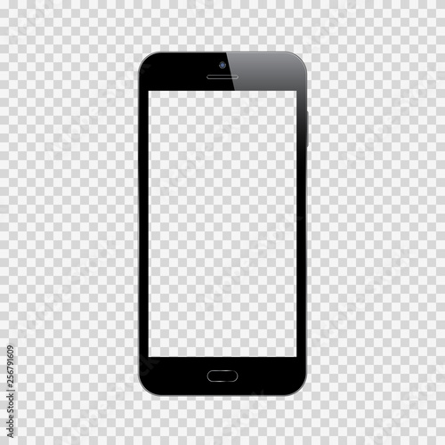 Black smartphone on transparent background. Mock up phone with blank screen.