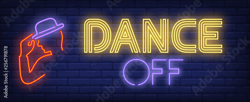 Dance Off neon text with dancer touching hat