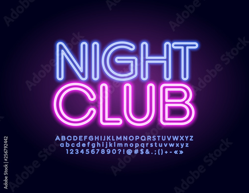 Vector illuminated emblem Night Club with modern glowing Alphabet. Neon trendy Font. Violet Letters, Numbers and Symbols