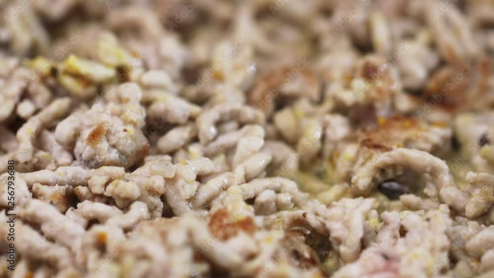 closeup of frying minced meat closeup of frying minced meat
