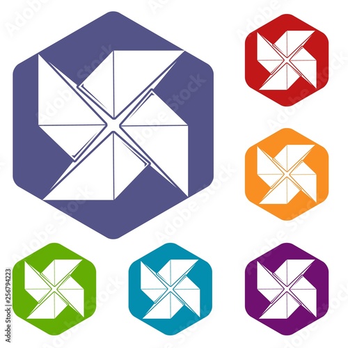 Origami shuriken icons vector colorful hexahedron set collection isolated on white