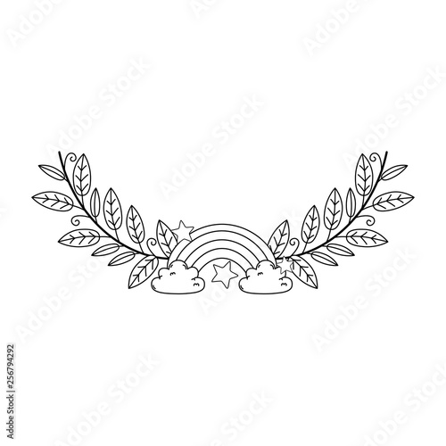 cute rainbow with clouds and wreath