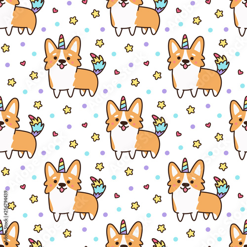 Seamless pattern with welsh corgi in a unicorn costume with horn and colorful tail. Excellent print for children's clothes, bed linens, phone case, mug, wrapping paper, textile etc.