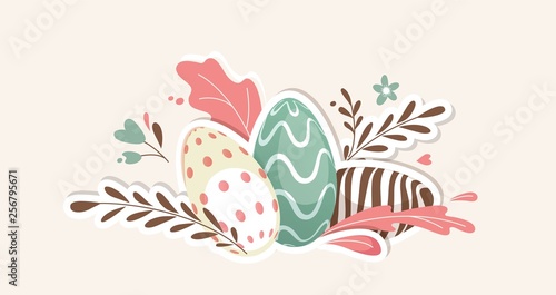 Colorful easter eggs with floral elements. Vector illustration