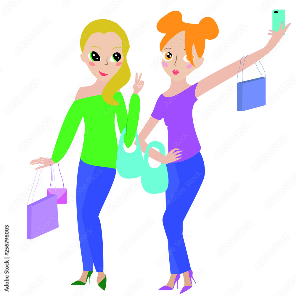 Two girlfriends walking, shopping and taking selfies