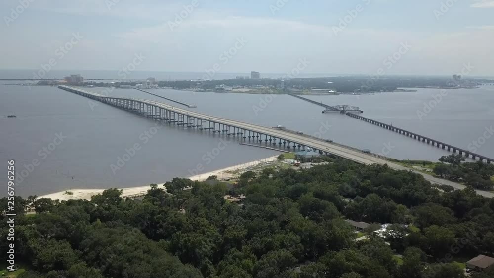 Bridge zoom in overlooking gulf coast of Ocean Springs, Mississippi. Bridge zoom in overlooking gulf coast of Ocean Springs, Mississippi.