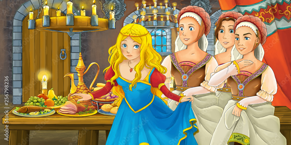 Cartoon fairy tale scene with princess by the table full of food - illustration for children
