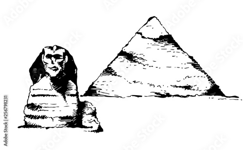 Sphinx and Pyramid of Cheops, egyptian architecture vector illustration isolated on white background