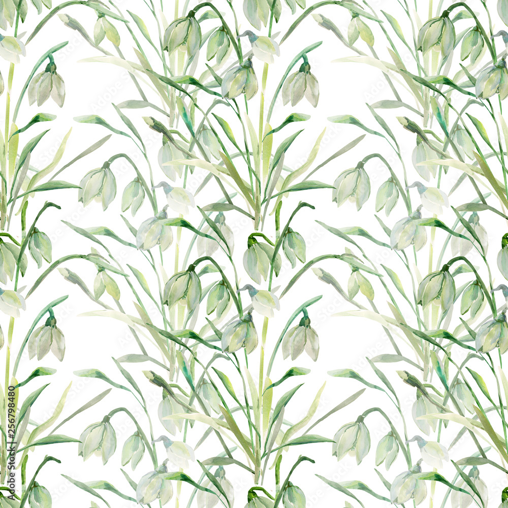 Watercolor, Primrose, Snowdrops, Seamless Pattern. Watercolor, Primrose, Snowdrops, Seamless Pattern.