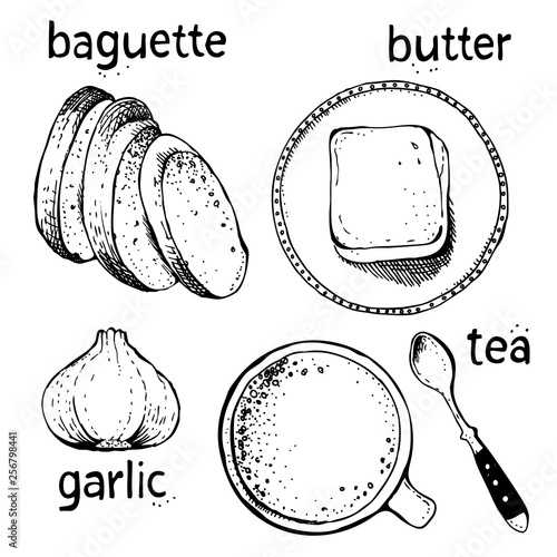 Breakfasts and brunches vector set, french baguette with butter and garlic, food menu collection, vintage hand drawn sketch illustration