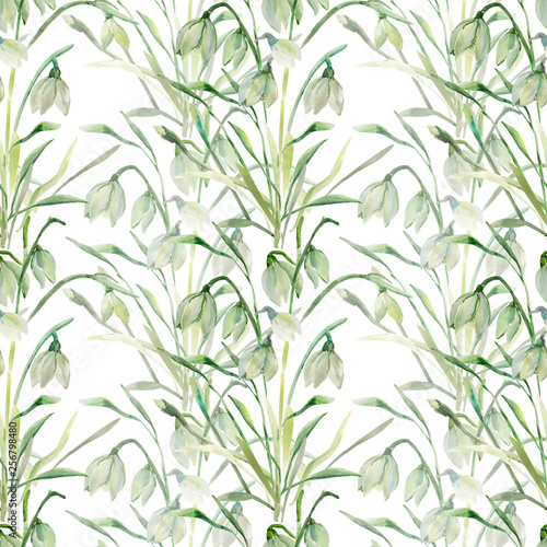 Watercolor  Primrose  Snowdrops  Seamless Pattern.