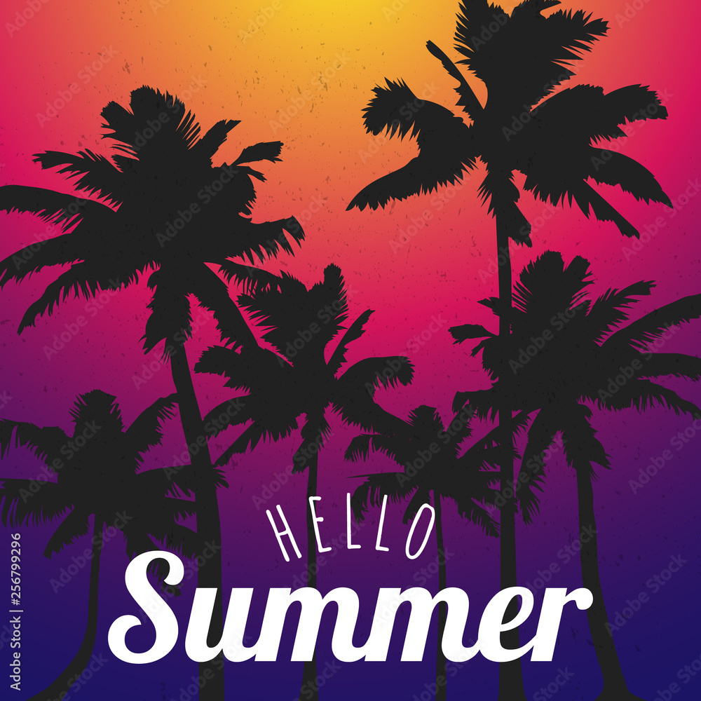 Obraz premium Template Hello Summer with black palm trees on color background. Flat designer element for banner, flyer, clothes, postcard. composition with tropical suset. Vector illustration EPS10