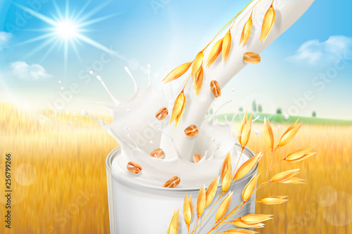 Oat milk pouring down into glass