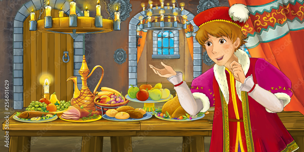 Naklejka premium Cartoon fairy tale scene with prince by the table full of food - illustration for children