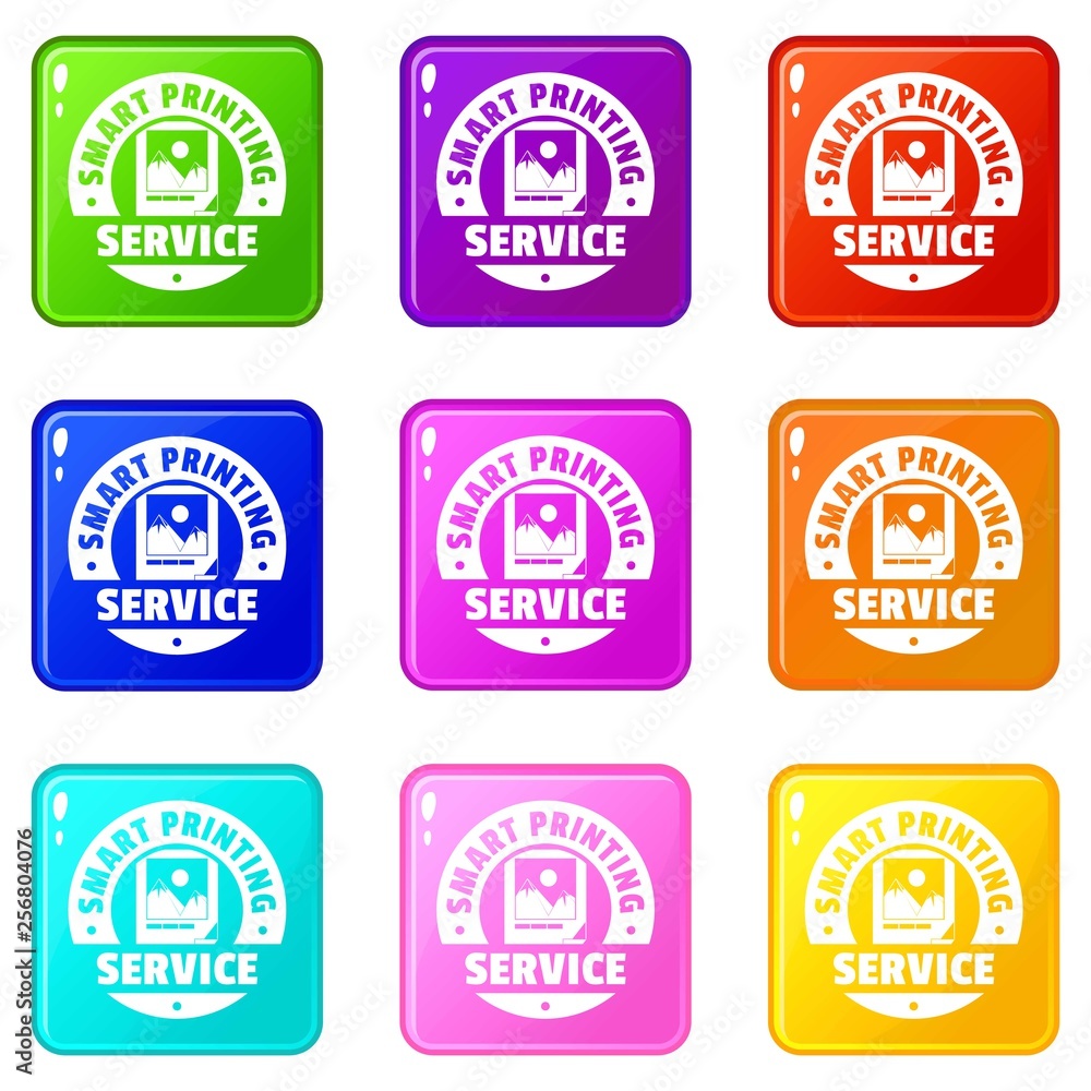 Smart printing service icons set 9 color collection isolated on white for any design
