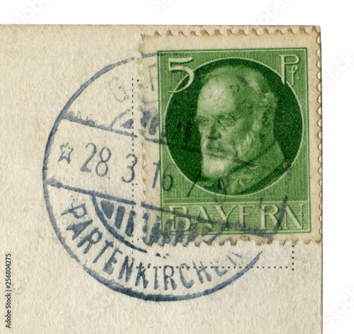 Bavarian-German historical stamp: The last king of Bavaria Ludwig III, 28 march 1916, Garmisch-Partenkirchen, world war one, Germany, German Empire