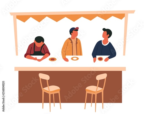 Street food counter and tent bar stools male vendors
