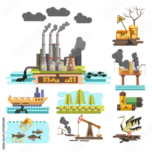 Pollution ecological problem plants and factories ship and deforestation